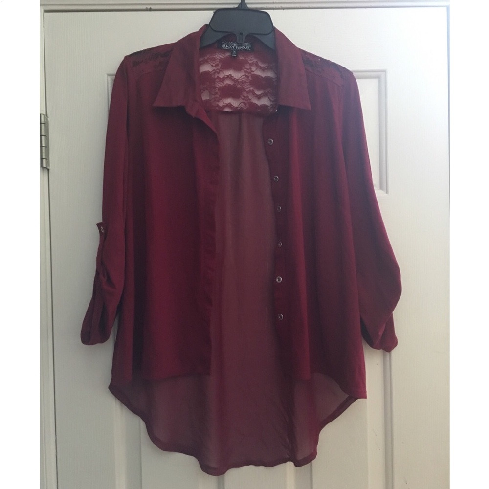 Burgundy Button-down Blouse with Sheer Back